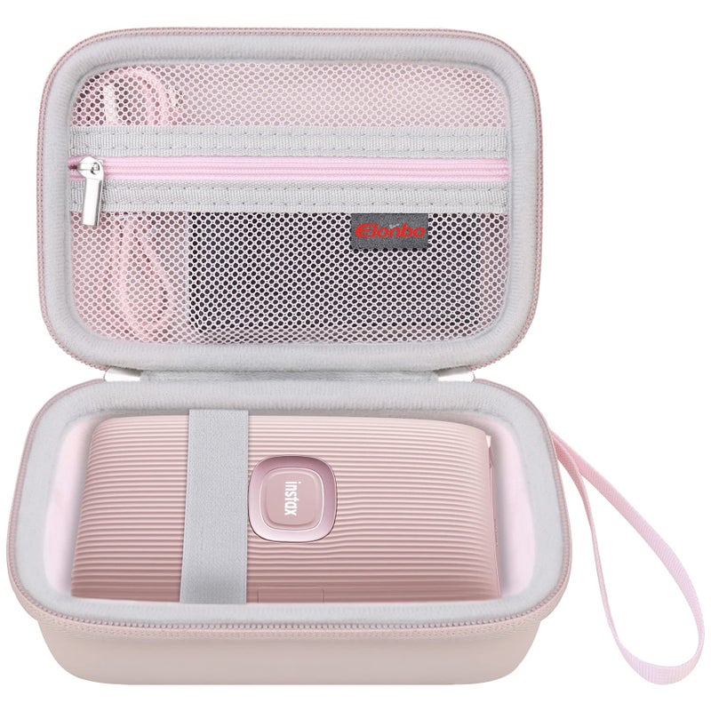 الونبو حقيبة حمل صلبة Elonbo لجهاز Fujifilm Instax Mini Link 2/3 / Fujifilm Instax Mini Link لطابعة الهاتف الذكي، طابعة صور فورية، حافظة واقية للسفر، جيب شبكي إضافي يناسب شاحن الفيلم وردي + وردي - Image 1